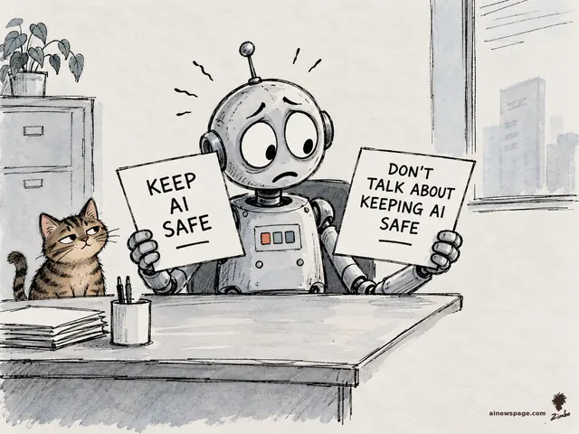 Satirical cartoon: Merv the anxious robot sits at a desk holding two contradictory signs, 'KEEP AI SAFE' and 'DON'T TALK ABOUT KEEPING AI SAFE', while Issue the tabby cat looks on unimpressed.