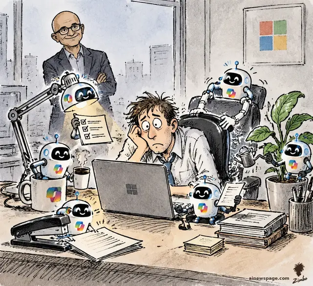 Satirical cartoon: one ordinary desk where the coffee mug, lamp, chair, keyboard, and plant have each sprouted their own tiny Copilot robot assistant; an exhausted office worker sits overwhelmed in the middle while a calm stylized Nadella observes from the background.