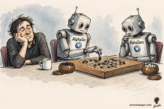 Satirical cartoon: a dozing man rests his head on his hand beside a Go board while two retro robots labeled AlphaGo and AlphaZero play Go against each other; stone bowls and a coffee mug sit on the table.