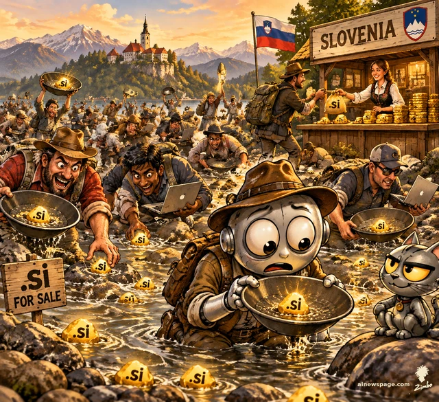 Satirical cartoon: gold-rush prospectors pan a river for glowing '.si' domain nuggets; a small Slovenian claim office with flag and coat of arms counts the cash; a bewildered robot holds a pan with one '.si' nugget while a knowing cat watches.