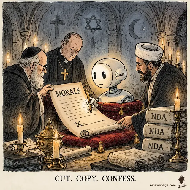 Satirical cartoon: in a candlelit chamber, a robed priest, rabbi, and imam hand a giant MORALS contract to a glowing robot head labeled Claude that signs with a tiny pen, beside a stack of books labeled NDA. Caption: CUT. COPY. CONFESS.