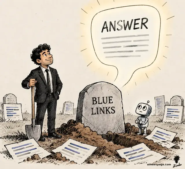A cheerful man holds a funeral for a tombstone reading BLUE LINKS while a giant glowing ANSWER speech balloon rises like a ghost; a small robot mourner attends.