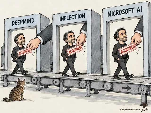 Editorial cartoon: Mustafa Suleyman calmly rides a conveyor belt through oversized DEEPMIND, INFLECTION, and MICROSOFT AI doorways while giant corporate hands slap red ACQUIRED stickers on him; a brown tabby cat watches knowingly.