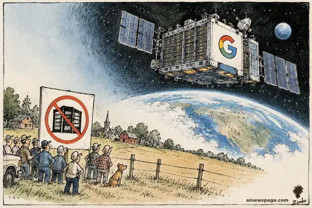 Satirical cartoon: rural townspeople gather around a NO-DATA-CENTER protest sign on a farm while a Google-G branded orbital server satellite with solar panels floats above Earth.