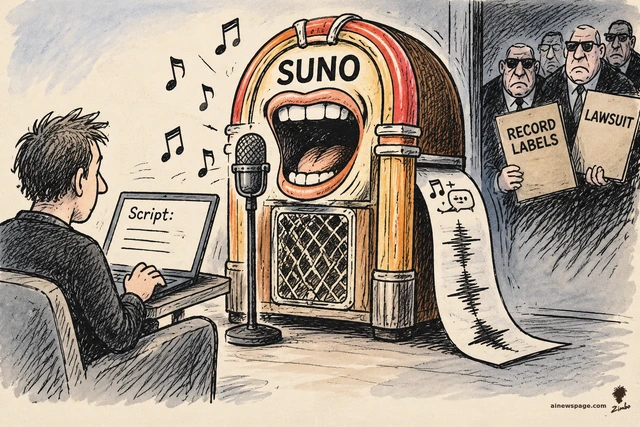 Satirical cartoon: a vintage SUNO jukebox with a gaping singing mouth takes a typed 'Script:' from a laptop; musical notes and a paper trail with a speech waveform curl out while record-label lawyers loom with RECORD LABELS and LAWSUIT folders.