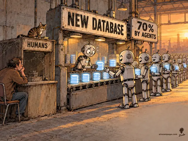 Satirical Zimbo cartoon: at a 'NEW DATABASE' counter, worried Merv the robot clerk hands glowing database cylinders to an endless line of smiling robots under a '70% BY AGENTS' sign, while a lone bored human slumps at a cobweb-covered 'HUMANS' counter as Issue the tabby cat watches from on top.