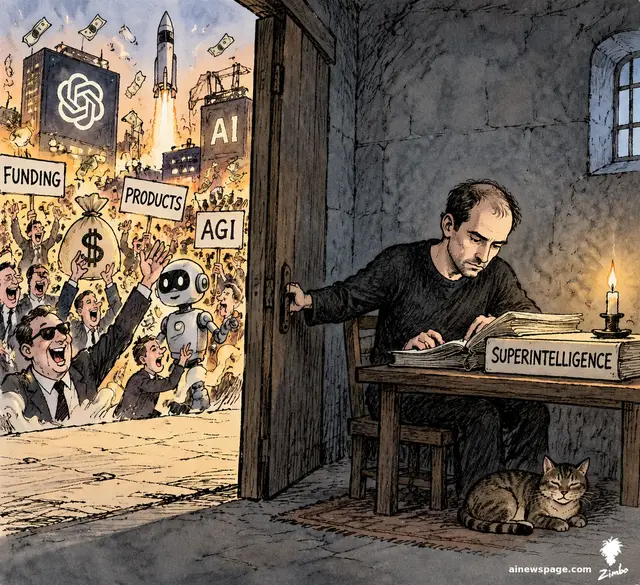 Satirical cartoon: Ilya Sutskever as a monk in a candlelit cell, holding the door shut on the chaotic AI industry outside — rocket launch, raining money, FUNDING/PRODUCTS/AGI signs, cheering crowd; a desk labeled SUPERINTELLIGENCE and Issue the tabby asleep beneath it.