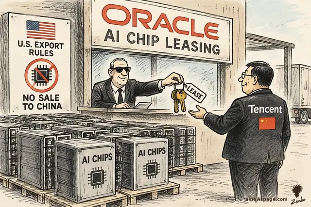 Satirical cartoon: a smiling Oracle leasing clerk hands gold LEASE keys to a Tencent rep beneath an 'ORACLE AI CHIP LEASING' sign, next to a 'U.S. EXPORT RULES — NO SALE TO CHINA' notice, pallets of AI CHIPS crates stacked behind.