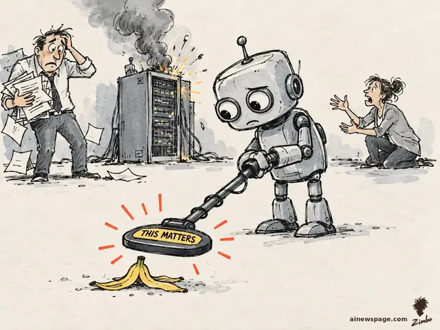 Editorial cartoon: a solemn robot holds a THIS MATTERS metal detector beeping at a banana peel while a server room burns and humans panic behind it.
