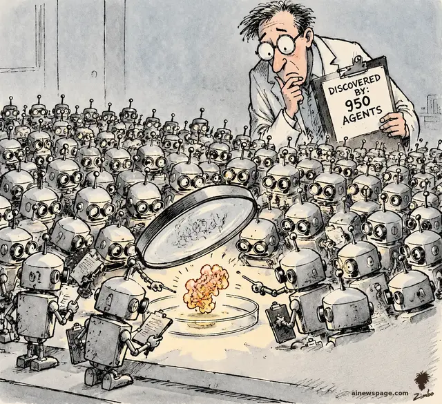 Satirical cartoon: an army of identical tiny retro robots swarms a petri dish holding a glowing orange enzyme under a giant magnifying glass, while a disheveled human scientist holds a clipboard reading DISCOVERED BY: 950 AGENTS.