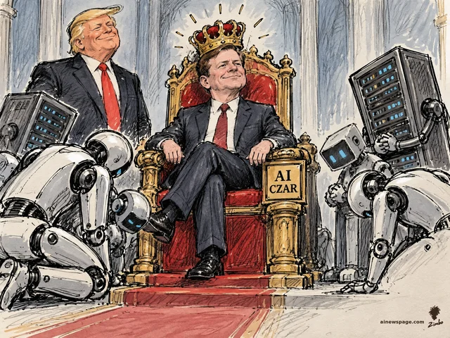 Satirical cartoon: Trump stands behind a throne where a suited man (Jay Clayton) wears a crown, an 'AI CZAR' plaque on the throne arm, while humanoid robots and server racks bow before him as subjects.