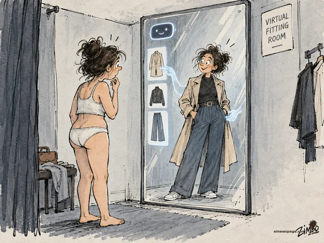 Satirical cartoon: a woman in underwear stares at a virtual fitting-room mirror where a smiling chatbot face has already dressed her reflection in a trench coat and jeans.