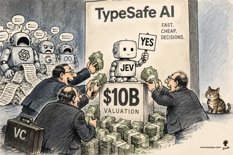 Satirical Zimbo cartoon: a tiny deadpan robot labeled JEV holds a YES sign atop a pedestal reading $10B VALUATION while suited VC investors shove stacks of cash at it; sulking chatbots pile up behind under a TypeSafe AI banner reading FAST. CHEAP. DECISIONS.; a knowing tabby cat watches.