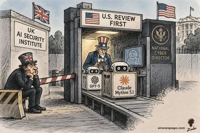 Satirical cartoon: an Uncle Sam figure at a 'U.S. REVIEW FIRST' checkpoint holds crates labeled GPT-5 and Claude Mythos 5.1 while a dejected British tester in a Union Jack top hat waits outside the barrier.