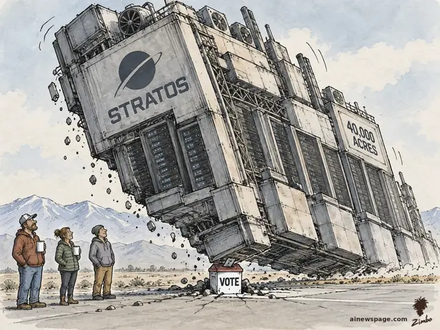 Satirical cartoon: a gigantic STRATOS data center labeled 40,000 ACRES topples over, balanced on a tiny red ballot box labeled VOTE, while three ordinary locals with coffee mugs watch.