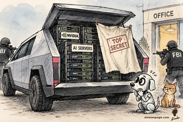 Satirical cartoon: a Tesla Cybertruck with its rear hatch open reveals glowing NVIDIA AI server racks, covered by a comically tiny TOP SECRET cloth, as armed FBI agents close in; a worried robot dog and a knowing cat watch.
