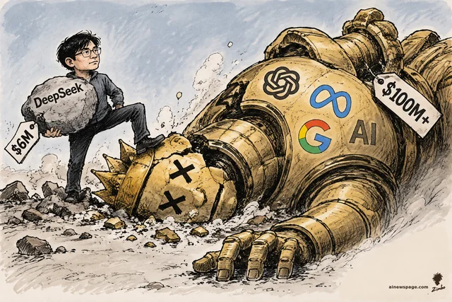 Satirical cartoon: a tiny bespectacled figure holding a gray rock labeled DeepSeek with a $6M tag stands on the cracked head of a fallen golden robot tagged $100M+ with OpenAI, Meta and Google logos.