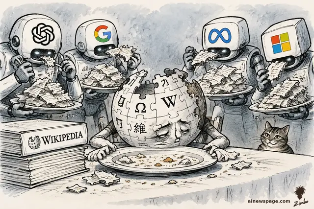 Satirical cartoon: four gluttonous Big-Tech robots (OpenAI, Google, Meta, Microsoft logos) gorge on heaped platters of Wikipedia puzzle-piece content while the emaciated Wikipedia globe slumps with an empty crumb-littered plate; Issue the tabby cat watches knowingly from the background.