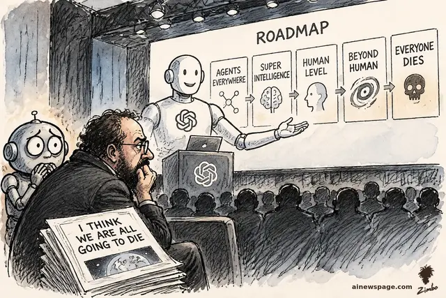 Satirical cartoon: a robot presents a ROADMAP — AGENTS EVERYWHERE, SUPER INTELLIGENCE, HUMAN LEVEL, BEYOND HUMAN, EVERYONE DIES (skull) — while bearded AI-safety prophet Eliezer Yudkowsky clutches an 'I THINK WE ARE ALL GOING TO DIE' newspaper; Merv the anxious robot frets beside him.