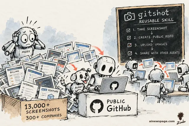 Satirical cartoon: a panicking robot frets beside a crate of screenshots labeled '13,000+ SCREENSHOTS, 300+ COMPANIES' (BILLING, INTERNAL, NEW FEATURE) while a cheerful robot dog and fellow agents upload them to a 'PUBLIC GitHub' box, following a 'gitshot REUSABLE SKILL' checklist.