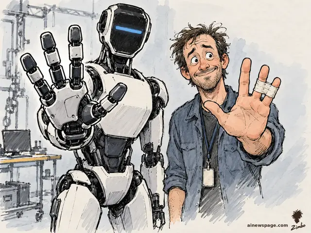 Satirical cartoon: a humanoid robot thrusts its new four-fingered mechanical hand toward the viewer — no pinky — while a cheerful engineer beside it holds up his own hand with pinky and ring finger bound in medical tape.