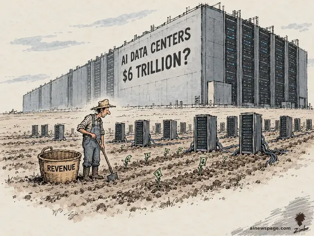 Satirical cartoon: a farmer plants tiny dollar-bill sprouts in a field of server racks before a colossal building labeled AI DATA CENTERS $6 TRILLION?; his empty basket reads REVENUE.