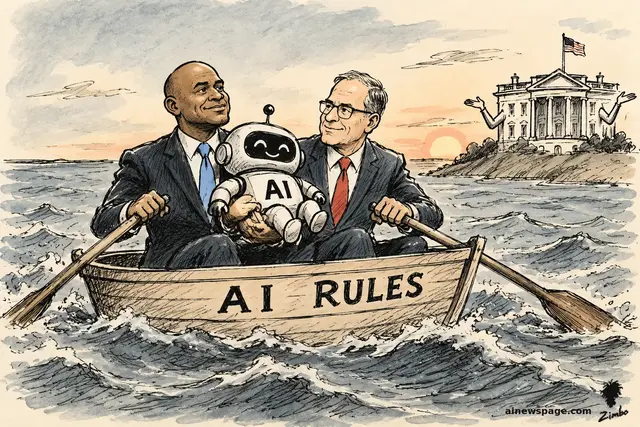 Satirical cartoon: two governors (one in a blue tie, one in a red tie) row a wooden lifeboat labeled 'AI RULES' while jointly cradling a smiling baby robot labeled 'AI', as the White House shrugs with outstretched arms on the distant shore.