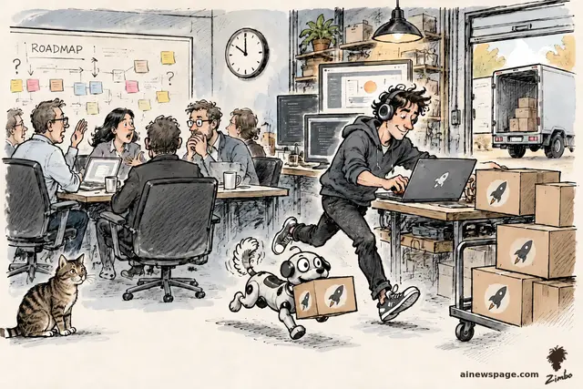 Satirical cartoon: a builder in headphones sprints with a laptop while a robot dog hauls rocket-logo shipping boxes to a delivery truck as a meeting team argues under a ROADMAP whiteboard.