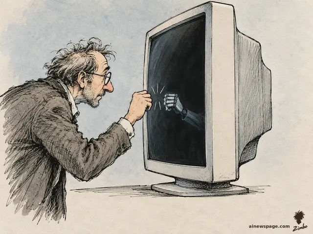 Satirical cartoon: a rumpled philosopher knocks on an old CRT monitor like a front door while a small mechanical hand knocks back from inside the dark screen.