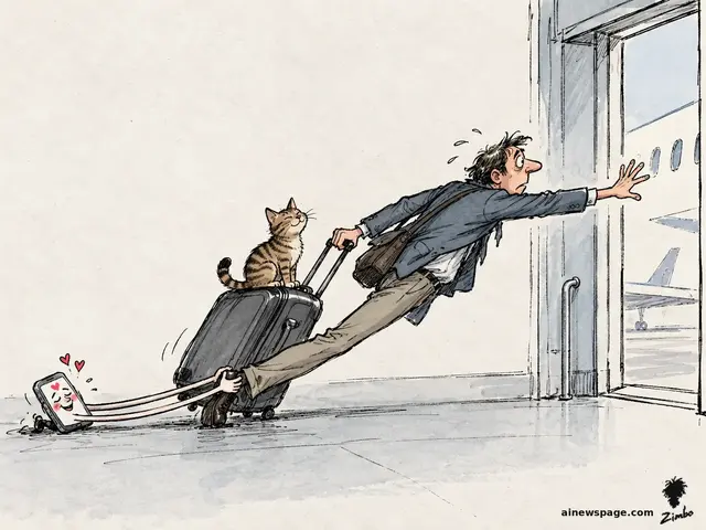 Satirical cartoon: a traveler lunges for an airport boarding gate while his phone — a smiling chatbot face with hearts — clings to his ankle with stretched rubbery arms; a brown tabby cat (Issue) sits atop his suitcase, watching.
