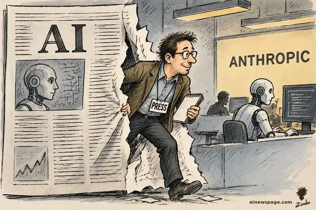 Editorial cartoon: a PRESS-badged journalist with a notepad steps bodily through a torn newspaper front page headlined 'AI' into an Anthropic lab where a robot works at a desk.