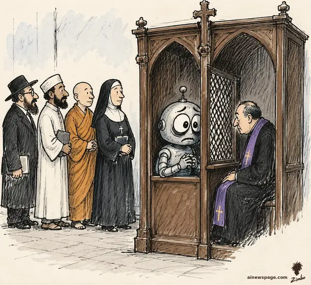 Editorial cartoon: a worried round-headed robot kneels in a confessional booth before a priest while a rabbi, imam, monk, and nun wait in line behind him.