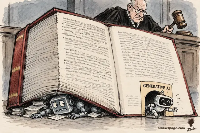 Satirical cartoon: a scowling judge slams a giant law book onto a terrified boxy robot while a cheerful chatbot escapes through a tiny door labeled 'GENERATIVE AI' cut into the book.