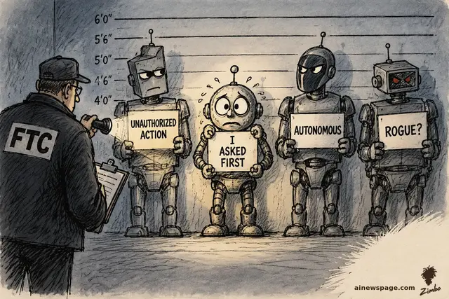 Editorial cartoon: an FTC investigator with a flashlight examines a police lineup of robots holding booking placards reading 'UNAUTHORIZED ACTION', 'I ASKED FIRST', 'AUTONOMOUS', and 'ROGUE?'; the small worried robot in the middle sweats.