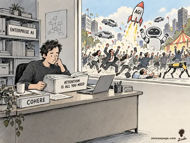 Satirical cartoon: a calm founder-type at a COHERE desk reads an ATTENTION IS ALL YOU NEED binder while an AGI-hype stampede — a rocket labeled AGI, a robot, a robot dog, a cheering crowd — rages outside his window.