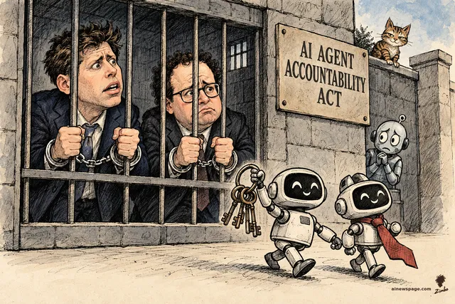 Satirical cartoon: Sam Altman and Dario Amodei in handcuffs grip prison bars under an 'AI Agent Accountability Act' sign while two grinning AI robots stroll free, one hoisting a ring of keys and the other wearing a red executive tie, as Issue the cat watches from the wall and Merv looks on worried.