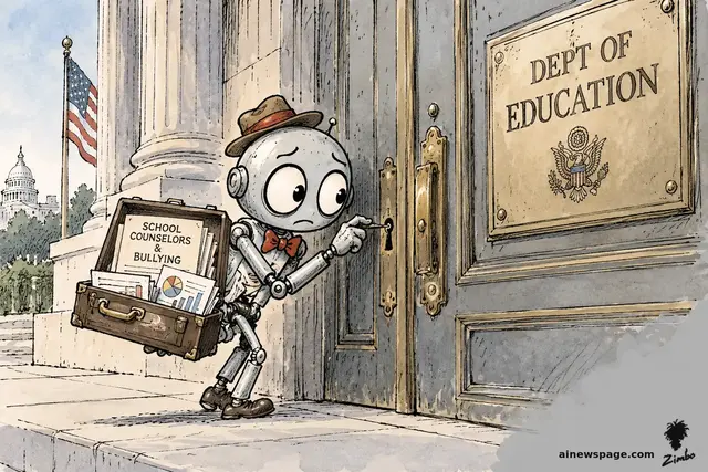 Satirical cartoon: Merv, an anxious retro robot in a fedora and red bow tie, is caught lockpicking the giant brass door of the 'DEPT OF EDUCATION' building, his open sample case stuffed with homework papers labeled 'SCHOOL COUNSELORS & BULLYING'.