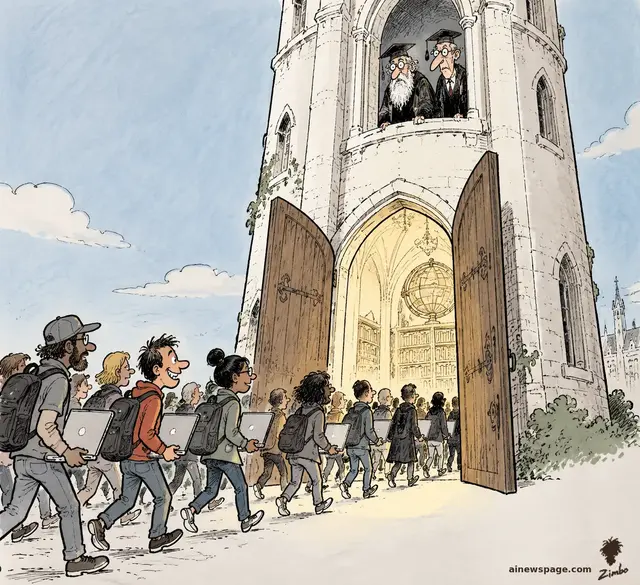 Satirical cartoon: a crowd of ordinary laptop-carrying people streams through the flung-open doors of a literal ivory tower into a golden library, while two robed academics watch with bemused dismay from a window above.