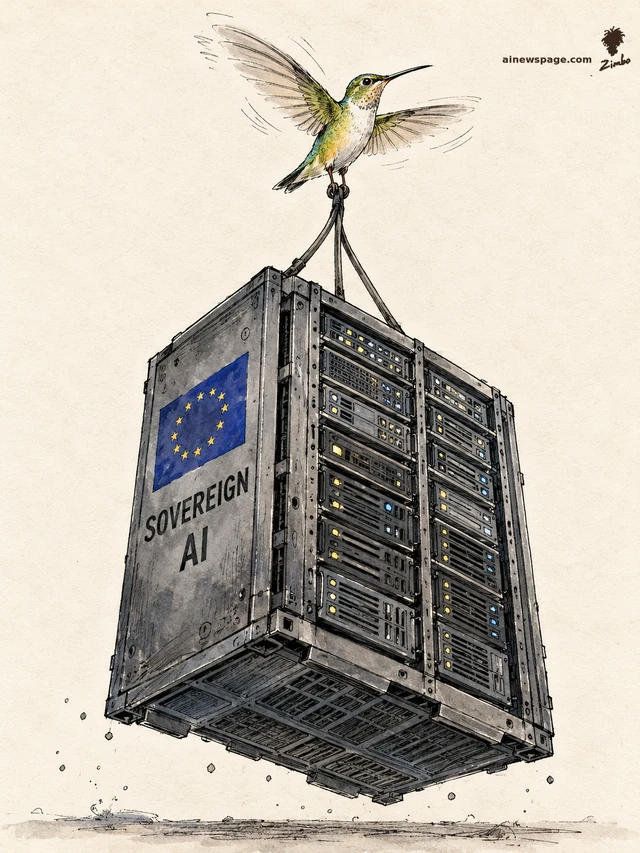 Satirical cartoon: a tiny green hummingbird strains to lift a massive server rack labeled SOVEREIGN AI with an EU flag by a single cable, on warm paper.