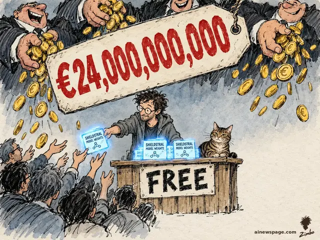Satirical cartoon: Mistral CTO Timothée Lacroix hands out glowing 'SHIELDSTRAL MODEL WEIGHTS' parcels from a wooden stall labeled 'FREE' while a giant red '€24,000,000,000' price tag looms overhead and investors shower gold coins; a tabby cat (Issue) watches from the counter.