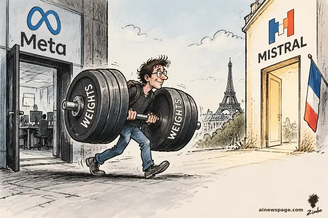 Satirical cartoon: a bespectacled researcher strains to carry a gigantic barbell with 'WEIGHTS' plates on his shoulders, walking out of a door labeled META toward a building labeled MISTRAL with the Eiffel Tower behind it.