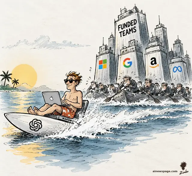 Editorial cartoon: a lone hacker in swim shorts lounges with a laptop on a speedboat, racing ahead of frantic suited corporate paddlers beneath skyscrapers labeled 'FUNDED TEAMS' with Microsoft, Google, Amazon, and Meta logos.