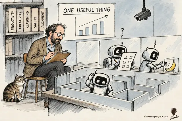 Satirical cartoon: a bearded professor takes notes for 'ONE USEFUL THING' beside experiment drawers labeled PRODUCTIVITY, CREATIVITY, REASONING, SAFETY, ALIGNMENT while three robot test subjects take a quiz, reach for a banana, and wander a maze; a tabby cat watches.