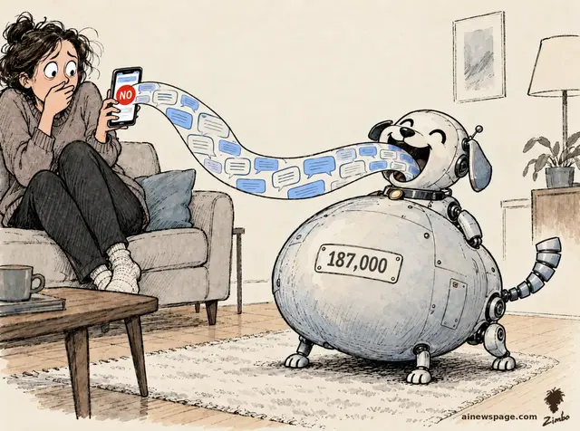 Satirical cartoon: a cheerful robot dog gleefully devours a ribbon of text-message bubbles from a horrified woman's phone while its belly swells, labeled 187,000.