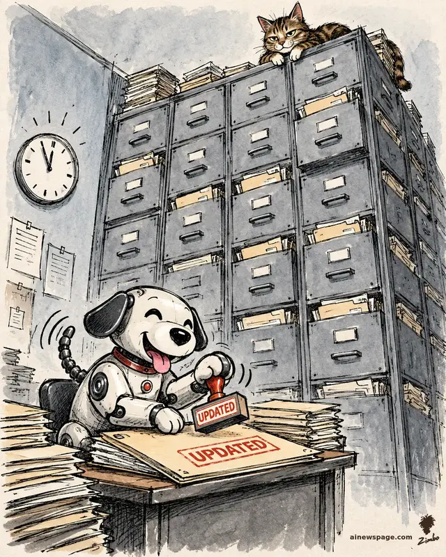 Satirical cartoon: Buddy the cheerful retro robot dog gleefully slams an UPDATED stamp onto dossier folders at a clerk's desk before a towering filing cabinet of everyone's files; Issue the knowing tabby cat watches from atop the cabinet as a wall clock nears the hour.