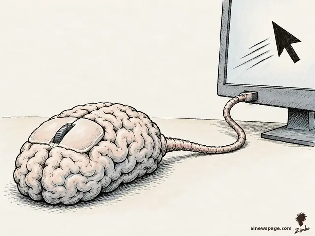 Satirical cartoon: a human brain rendered as a wired computer mouse — click buttons and scroll wheel in its crown, spinal cord curling into the cable — plugged into a monitor where an oversized cursor streaks across the screen.