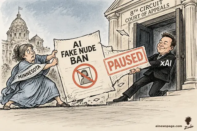 Satirical cartoon: Minnesota (sash + capitol dome) and an xAI-labeled Elon Musk play tug-of-war over a torn AI FAKE NUDE BAN sign while he stamps a red PAUSED on it in the 8th Circuit Court of Appeals doorway.