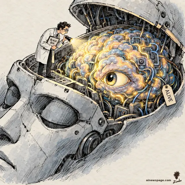 Editorial cartoon: a tiny scientist with a 'BLACK BOX' clipboard shines a flashlight inside an enormous open robot skull, where the glowing brain is still alive, one huge eye blinking back at him, tagged 'ALIVE'.