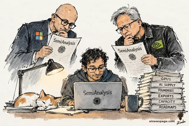 Satirical cartoon: a young newsletter writer types at a 'SemiAnalysis' laptop while two looming tech CEOs — Microsoft pin, NVIDIA pin — read his newsletter over his shoulders; dossiers labeled GPUs, FOUNDRIES, EXPORTS, ROADMAPS stack beside a sleeping cat.