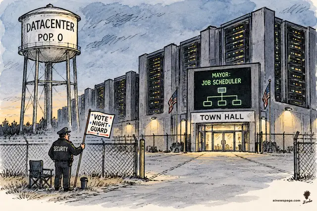 Editorial cartoon: a water tower reading 'DATACENTER POP. 0' looms over a server-block town hall whose sign reads 'MAYOR: JOB SCHEDULER'; a night guard holds a 'VOTE NIGHT GUARD' sign.